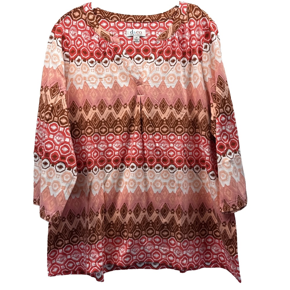 Denim & Co Women's Top Size 1X Plus Pink Brown V Neck Pullover 3/4 Sleeve Cotton
